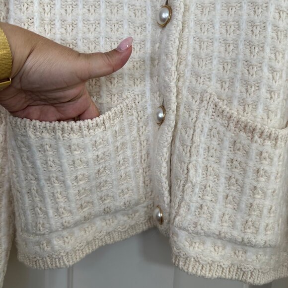 H&M Cream Texture-Knit Collar Gold & Pearl Button Cardigan Lady Jacket -NWOT - Picture 5 of 14